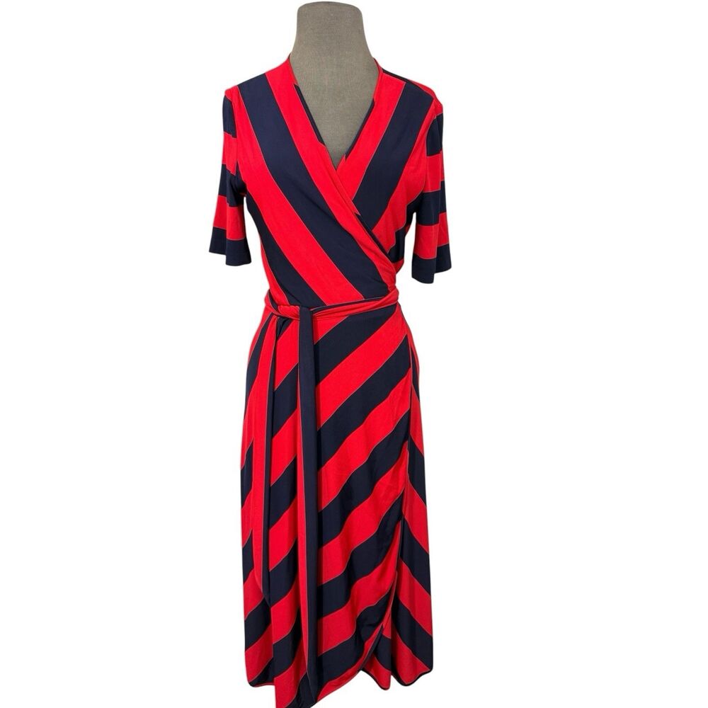 Tory Burch Peggy Wrap Dress S Navy Blue Red Stripe Jersey Short Sleeve Midi